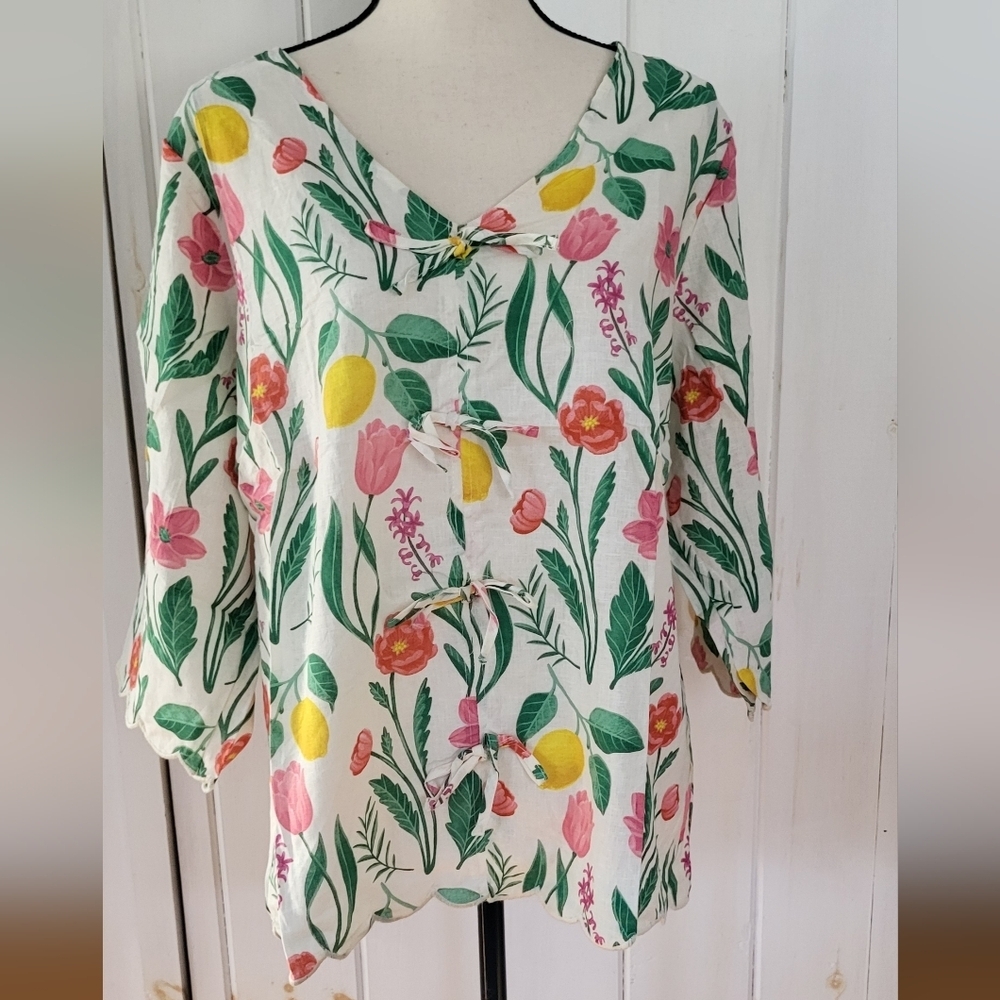 Rachel Zoe Linen Rayon Scallop Edge Floral Print Top